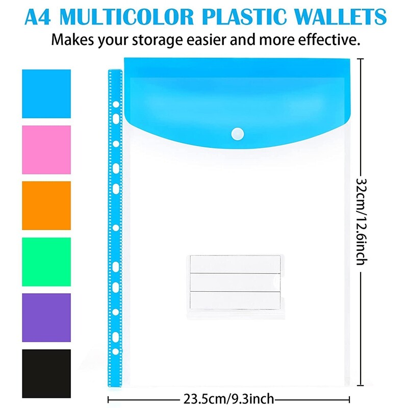 12 Pack A4 Punched Pockets Plastic Wallets - 11 Holes Expandable Binder Pocket Envelope File Folders