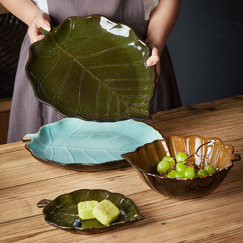 OMK Japanese Style Stoneware Leaf Shaped Salad Bowl Fruit Plate Ceramic Tableware Set