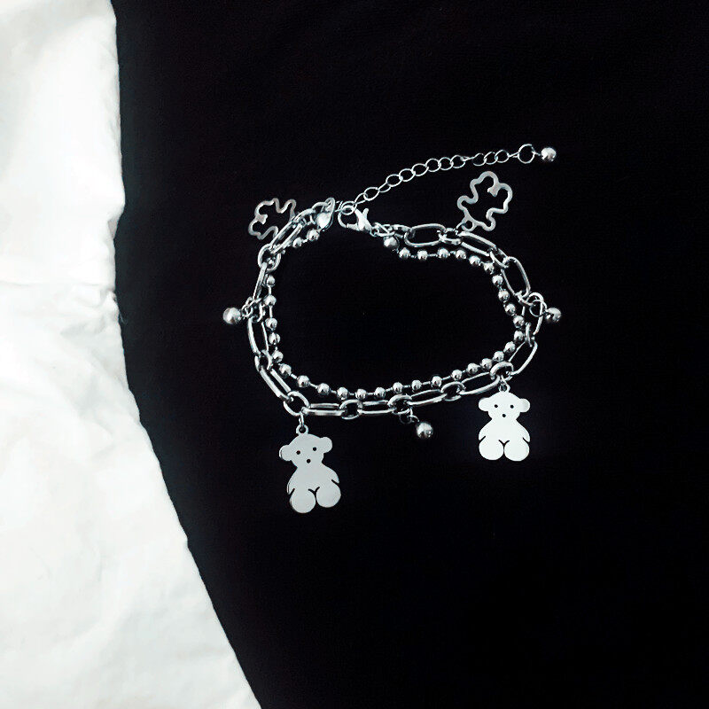 MIAOYA Hip Hop Style Bear Pendant Metal Lady Bracelet Transparent Bead Couple Bracelets Size Adjustable Fashion Student Jewelry