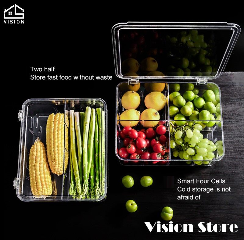 Vision Hộp Lưu Trữ Rau Quả Trong Suốt Crisper Tủ Lạnh Gia Đình Hộp Giữ Tươi Có Nắp Đậy Bằng Nhựa PET Hộp Đựng Phân Chia Chống Côn Trùng Và Chống Bụi