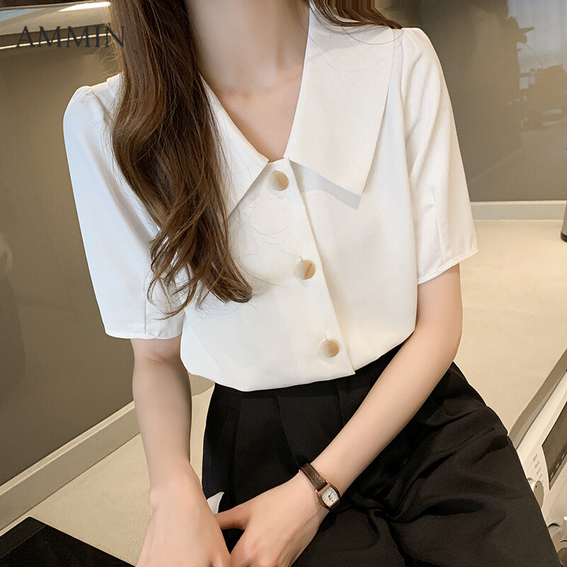 AMMIN French Retro Fashion Short Sleeve Doll Collar Shirt For Women Loose Slim V-neck Top Lady New White Chiffon Blouse