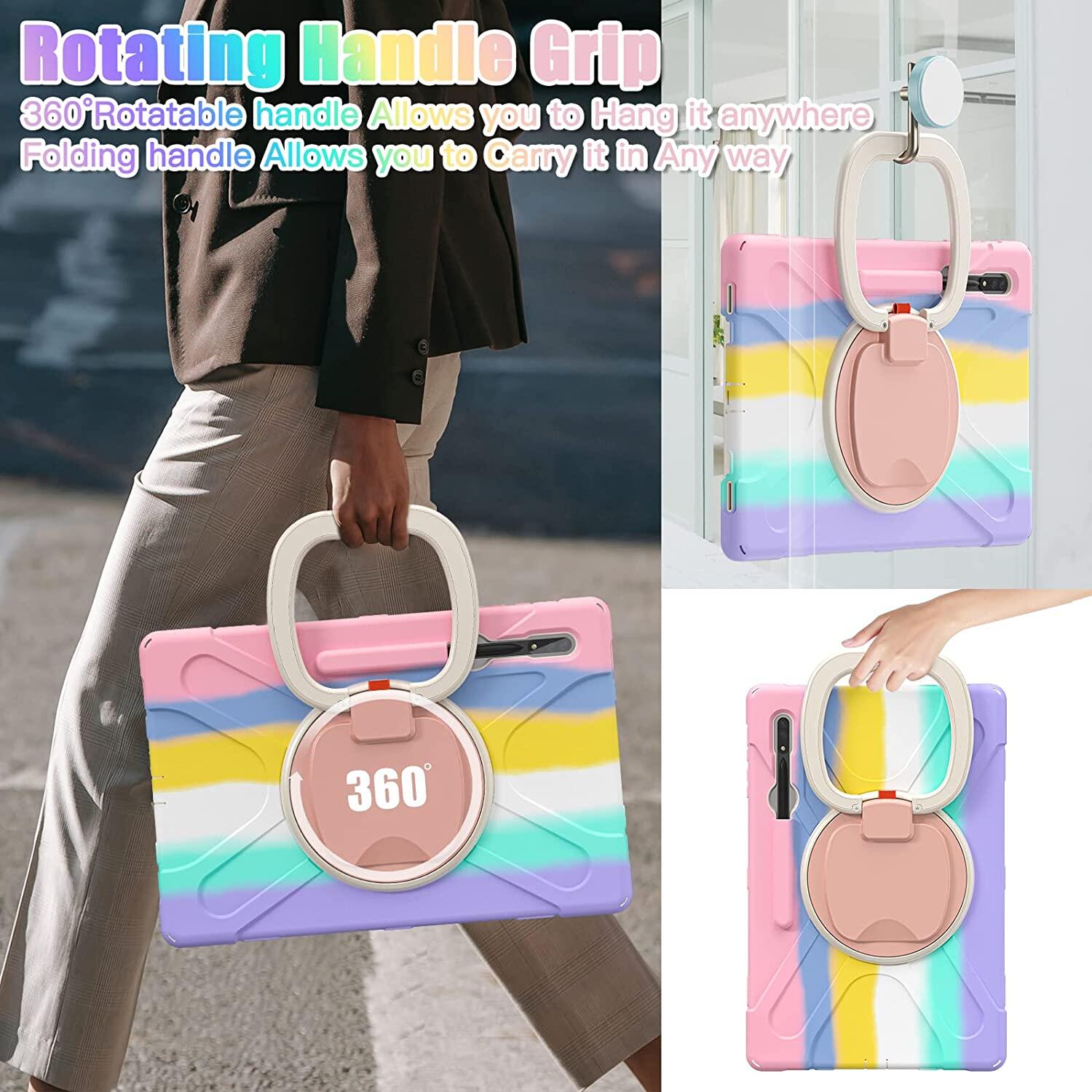 360 Degree Rotating Handle Stand Bracket Shoulder Strap Heavy Duty Rugged Shockproof Case Cover for Samsung Galaxy Tab S9 Ultra 14.6 inch 2022/Tab S9 Plus/Tab S9 FE Plus/Tab S8 Ultra/Tab S8 Plus/Tab S7 FE/Tab S7 Plus/Tab A9 Plus/Tab A8/Tab A7/Tab S6 Lite