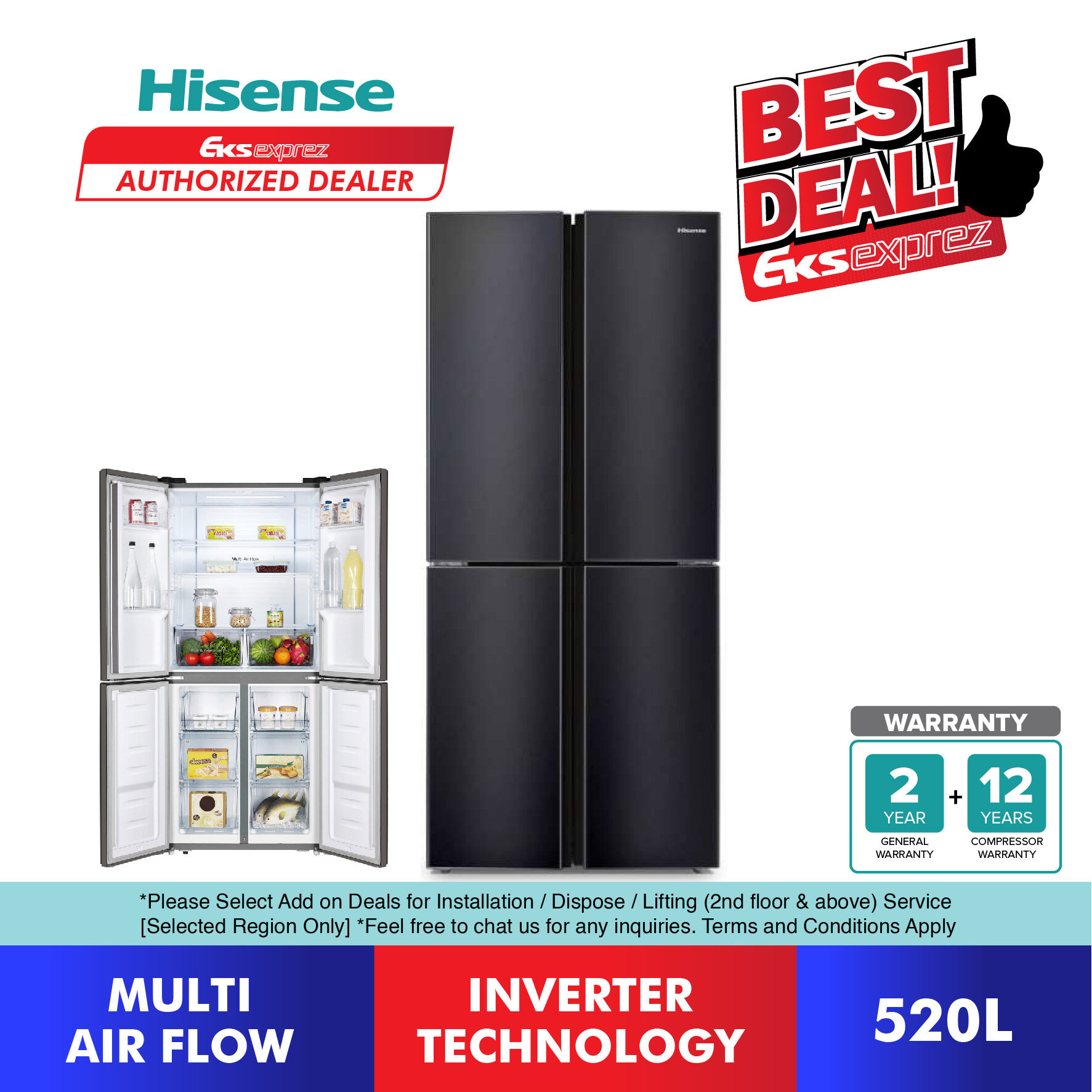 Hisense 4 Door Inverter Fridge 520L RQ515N4AB1 Refrigerator / Peti