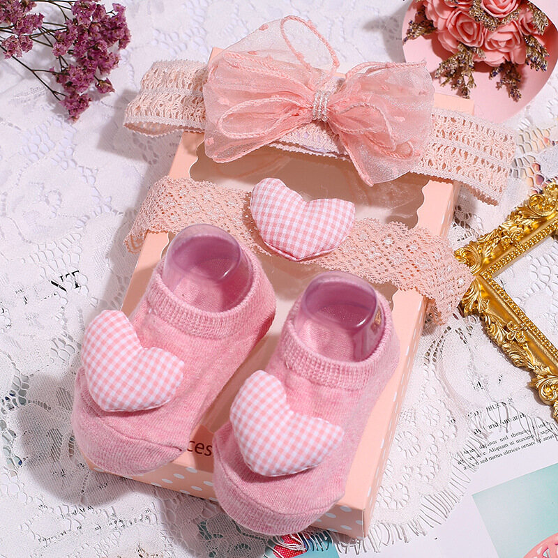 2Pcs Baby Girl Headband Socks Set Red Dots Print Newborn Sox Antlers Infant Toddler Bowknots Bow Sock Crown Headbands Sets Gifts