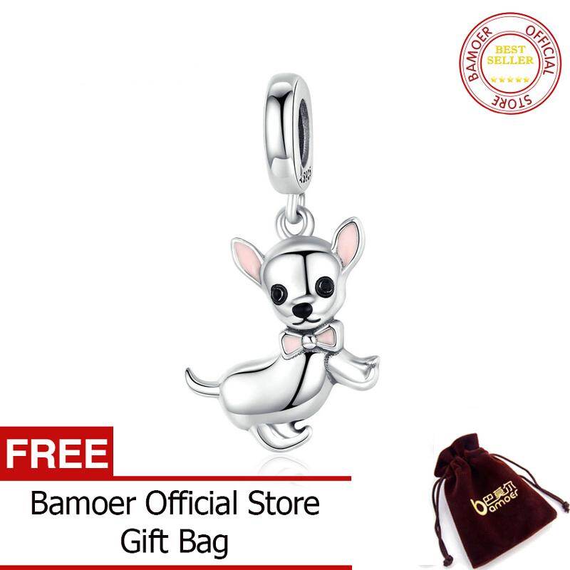 BAMOER Cute Pet Chihuahua Dog Pendant Charm Silver 925 Original Pink Enamel Ear Fashion Jewelry Gifts Girl Accessories SCC1317