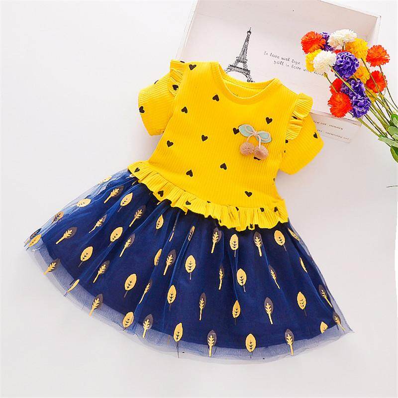 Summer Casual Baby Girls Short Sleeve Heart Leaves Pattern Patchwork Dress Kids Toddler Princess Sundress