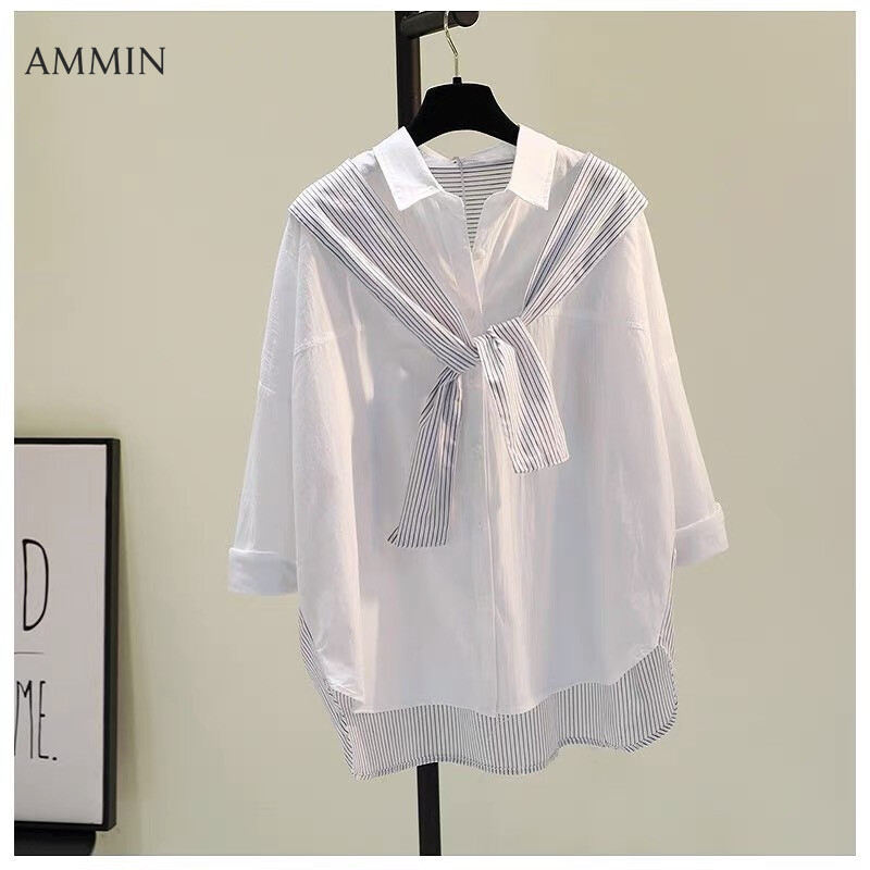 AMMIN Tops 2023 summer Korean version of fake two-piece vertical stripe stitching chiffon shirt women's bat sleeve short sleeve casual lapel button cardigan irregular blouse