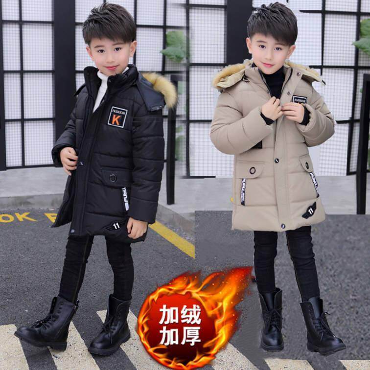 YCAMEL  Boy's winter jacket 5-15 years old children long down jacket hooded fur collar thick warm big pocket zipper stars children's coat