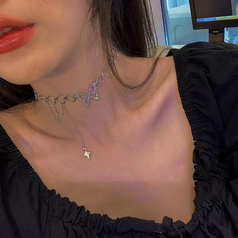 Punk Butterfly Choker Necklace For Women Gold Silver Color Thick Chain Pendant Necklace Statement Jewelry Choker Collier Femme