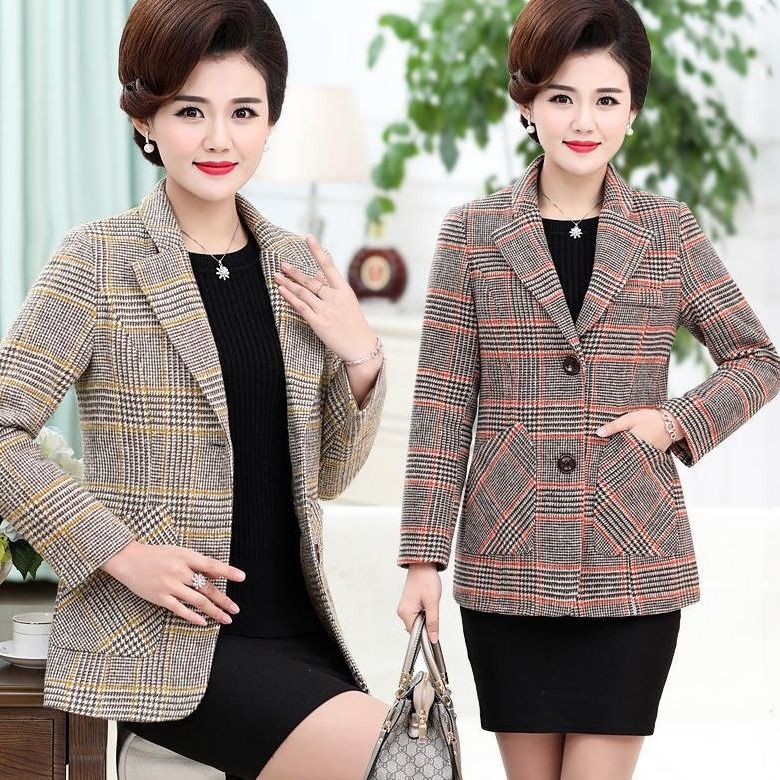 Áo Khoác Len Mỏng Cỡ Lớn Mùa Xuân Và Mùa Thu Cho Nữ Áo Khoác Ngắn Phong Cách Phương Tây Tuổi Trung Niên