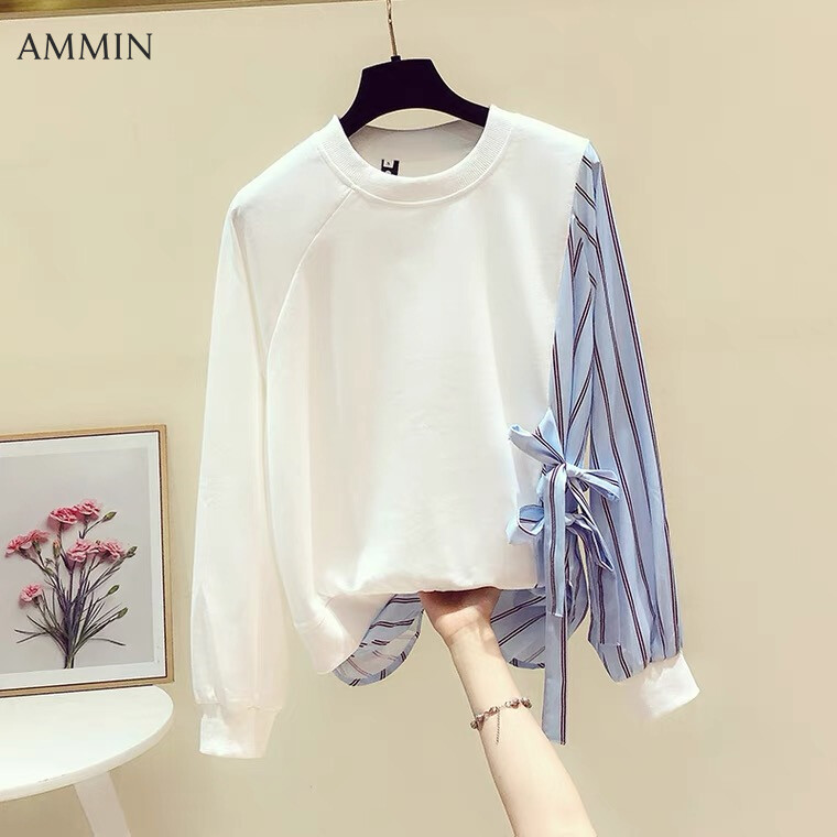 AMMIN 2023 autumn new style simple round neck fashion personality striped stitching bow tie cotton T-shirt Korean style sweet long-sleeved lantern sleeve blouse female tops