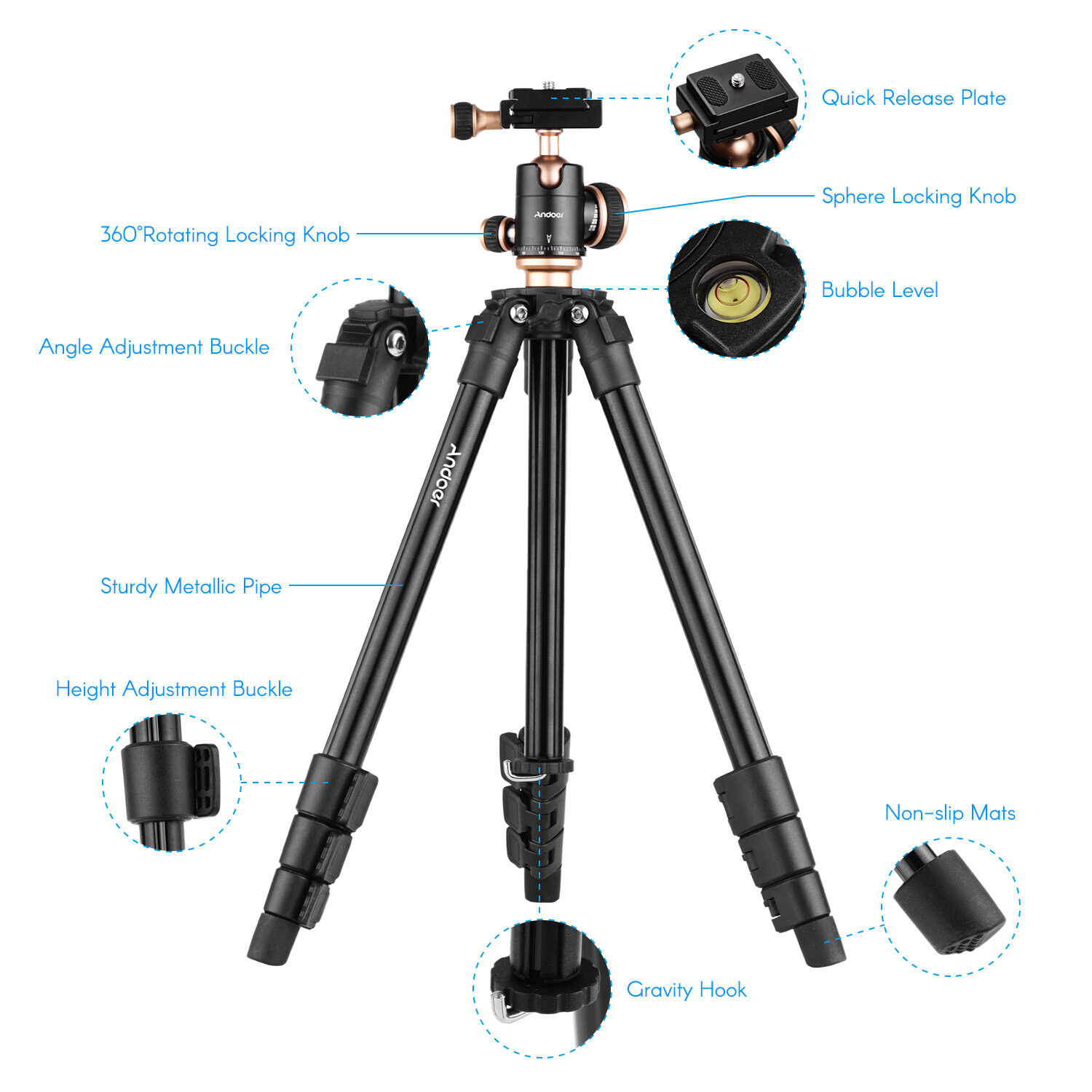 Andoer Q160SA Camera Tripod Complete Tripods with Panoramic Ballhead Bubble Level Adjustable Height Portable Travel Tripod for DSLR Digital Cameras Camcorder Mini Projector Compatible with Canon Nikon Sony