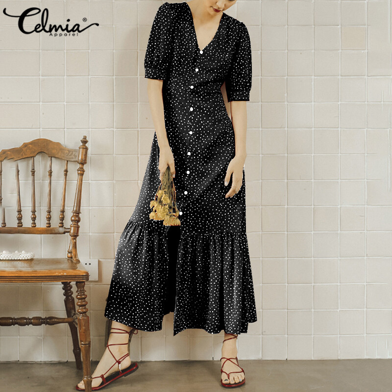 Nơi bán Celmia Đầm Mini Chấm Bi Mùa Hè Cho Nữ Váy Áo Maxi Dài Cổ Chữ V Kích Thước