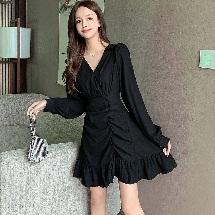 Ttbe black pocket hip dress tight waist irregular dress French autumn women's clothing