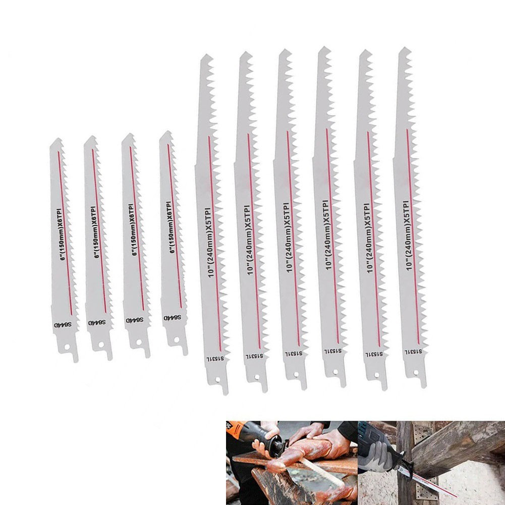 9-Inch Pruning Reciprocating Saw Blades 5TPI - 10 Pack, Carbon Steel, For Wood, Tree Branches, Plastic Pipes