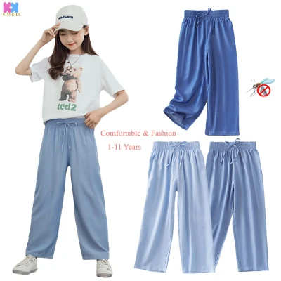 3-12 Years Girls Blue Loose Breathable Casual Korean Version Denim Wide-leg Cropped Trousers Kids Thin Summer Anti-Mosquito Trousers Student Sweatpants