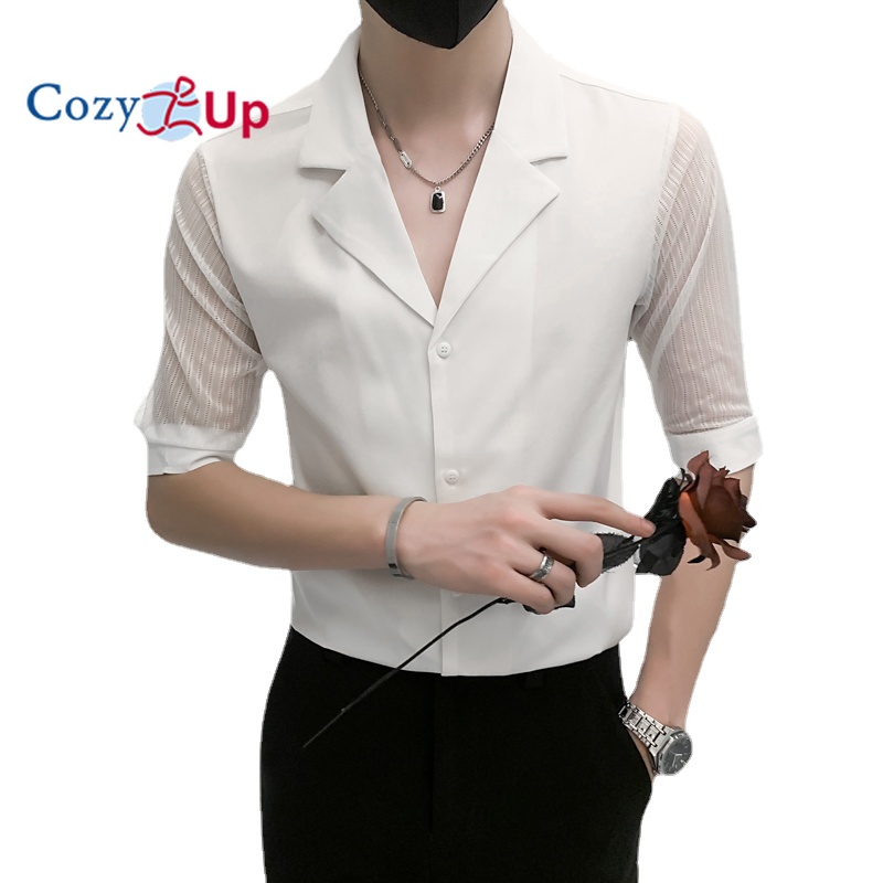Cozy Up Áo Sơ Mi Tay Lửng Nam Dáng Ôm Màu Trơn Cổ Chữ V Polyester Thường Ngày