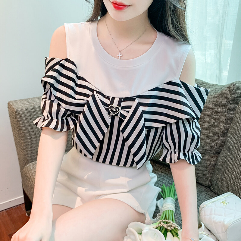 2023 Summer New Bow Tie Off Shoulder Short Sleeve Top