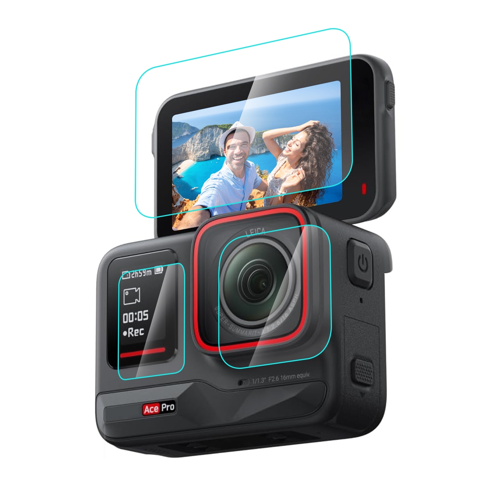 For insta360 ace pro puluz 3 in 1 rear & front screen + lens tempered glass film