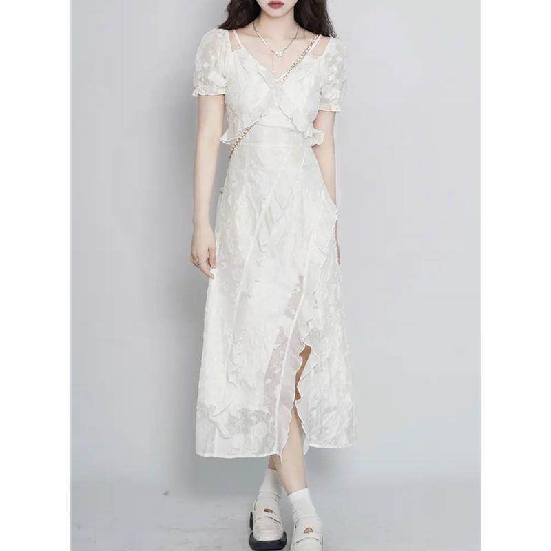 ELF TRIBE French Irregular Ruffled Dresses Petite Waist Slimming Tea Break Square Collar Short Sleeve Dress for Women