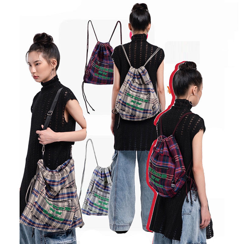 ELACCENT preppy plaid drawstring backpack 2 colours Messenger hobo bag