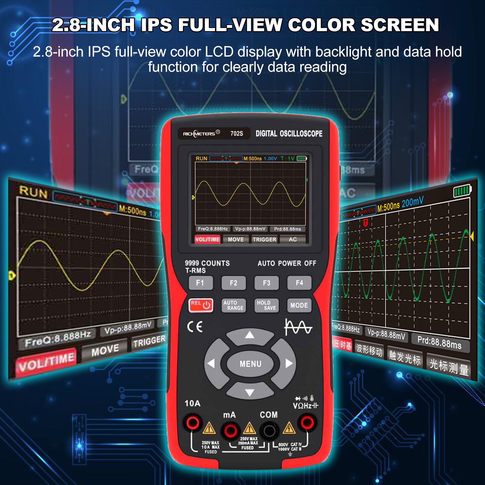 SMART SENSOR Oscilloscope Đồng hồ vạn năng cầm tay LCD đa năng kế kỹ thuật số & oscillometer 2-in-1 Đồng hồ vạn năng máy đo phạm vi 9999 đếm 10MHz 48msa/S đơn kênh đo AC/DC điện áp và hiện tại Kháng Điện dung tần số