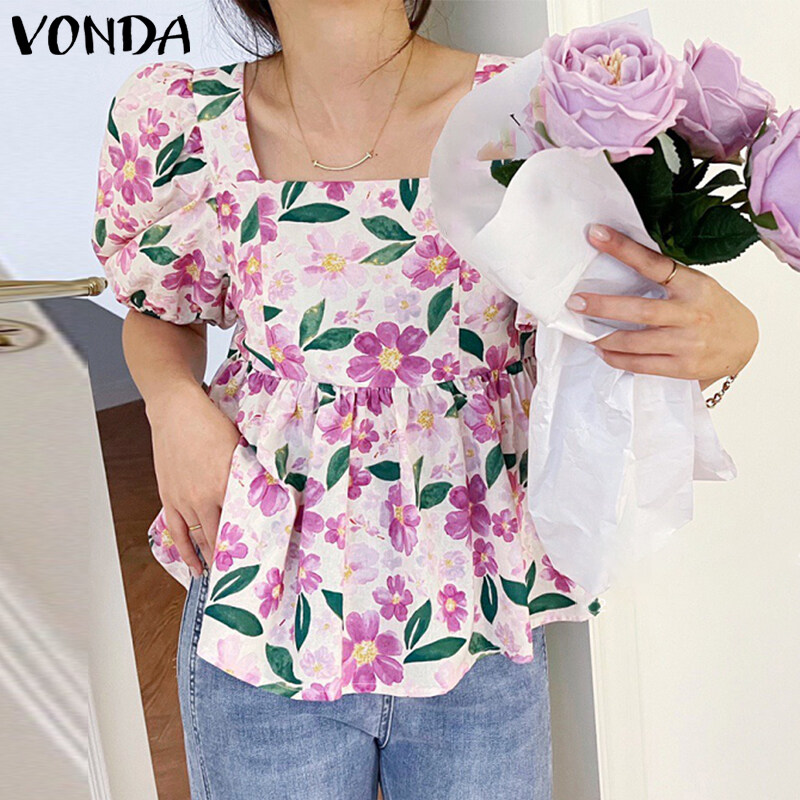 VONDA เสื้อลำลองแขนพัฟพิมพ์ลายคอสี่เหลี่ยมสำหรับผู้หญิง (สาเหตุเกาหลี