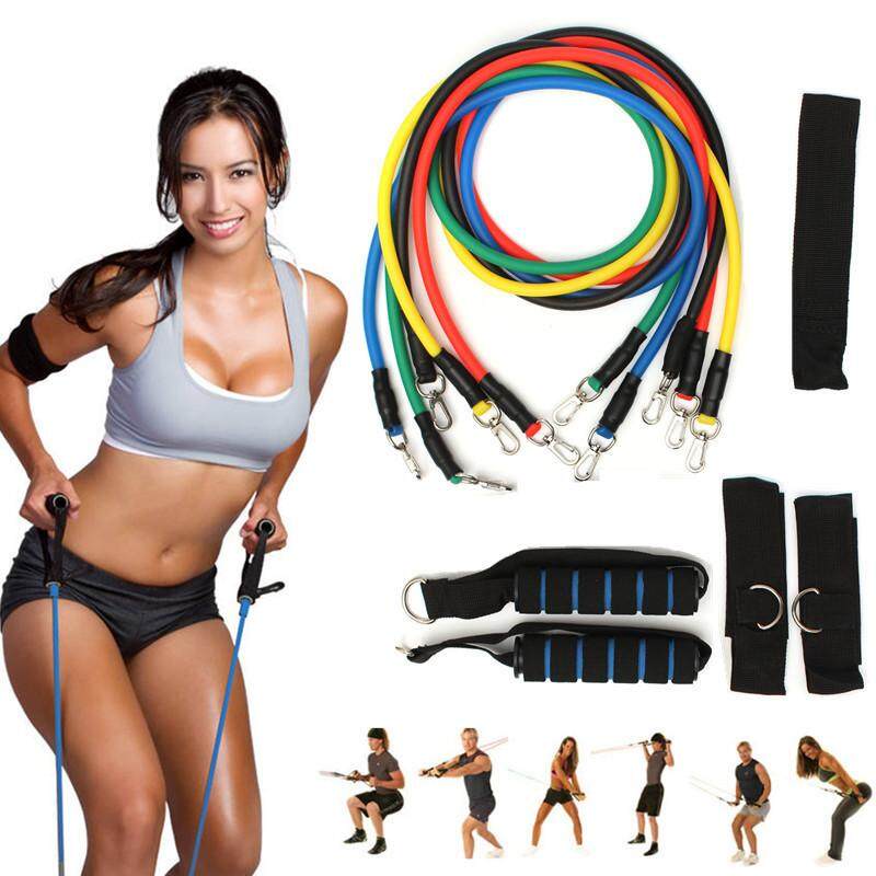 11 Pcs Kumpulan Tali Karet Daya Tahan Yoga Pilates ABS Latihan Kabel Fitnes Ban Olahraga-