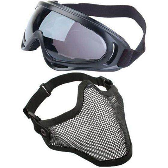 2 In 1 Perlindungan Steel Masker Muka Jaring dengan X400 UV Kacamata Pelindung Airsoft Paintball, Hitam-Intl