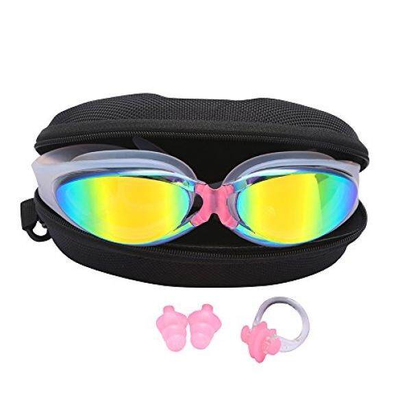 Kacamata Renang Dewasa dengan Bezzee-PRO Dilindungi Sinar UV Anti Kabut Dilapisi Refleksi Warna Lensa dengan Silikon Mata Cangkir Leak Proof Kolam Renang Terbaik kaca untuk Berenang dengan Kacamata Berkualitas Case Penjepit Hidung, ear Plug (Pink)-Intl