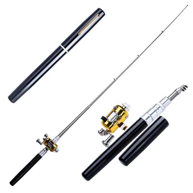 ... Mini Portable Pocket Fish Pen Shape Aluminum Alloy Fishing Rod Pole Reel Black intl