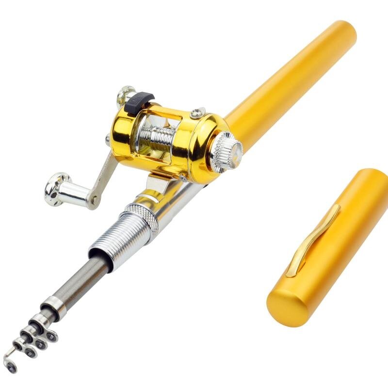 Teleskopik Portabel Mini Joran Pancing Aluminium Aloi Bentuk Pena Tongkat Pancing dengan Ringan Roda Reel untuk Air Asin/Es Memancing Warna: emas Panjang: 1 Meters-Intl