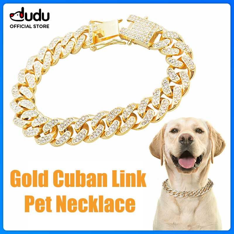 DUDU Pet Personalized Dog Collars for Small Medium Large Dogs Cat Gold Chain Diamond Cuban Collar with Design Secure Buckle Pet Necklace