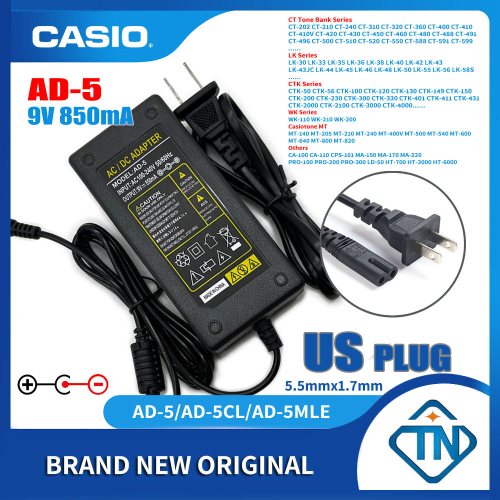9V 850mA AD-5 AD-5CL Power Supply Adapter for Casio CTK-555(L) CTK-560L  CTK-571 CTK-573 CTK-574 CTK-591 CTK-601 Keyboard Electronic Piano Charger