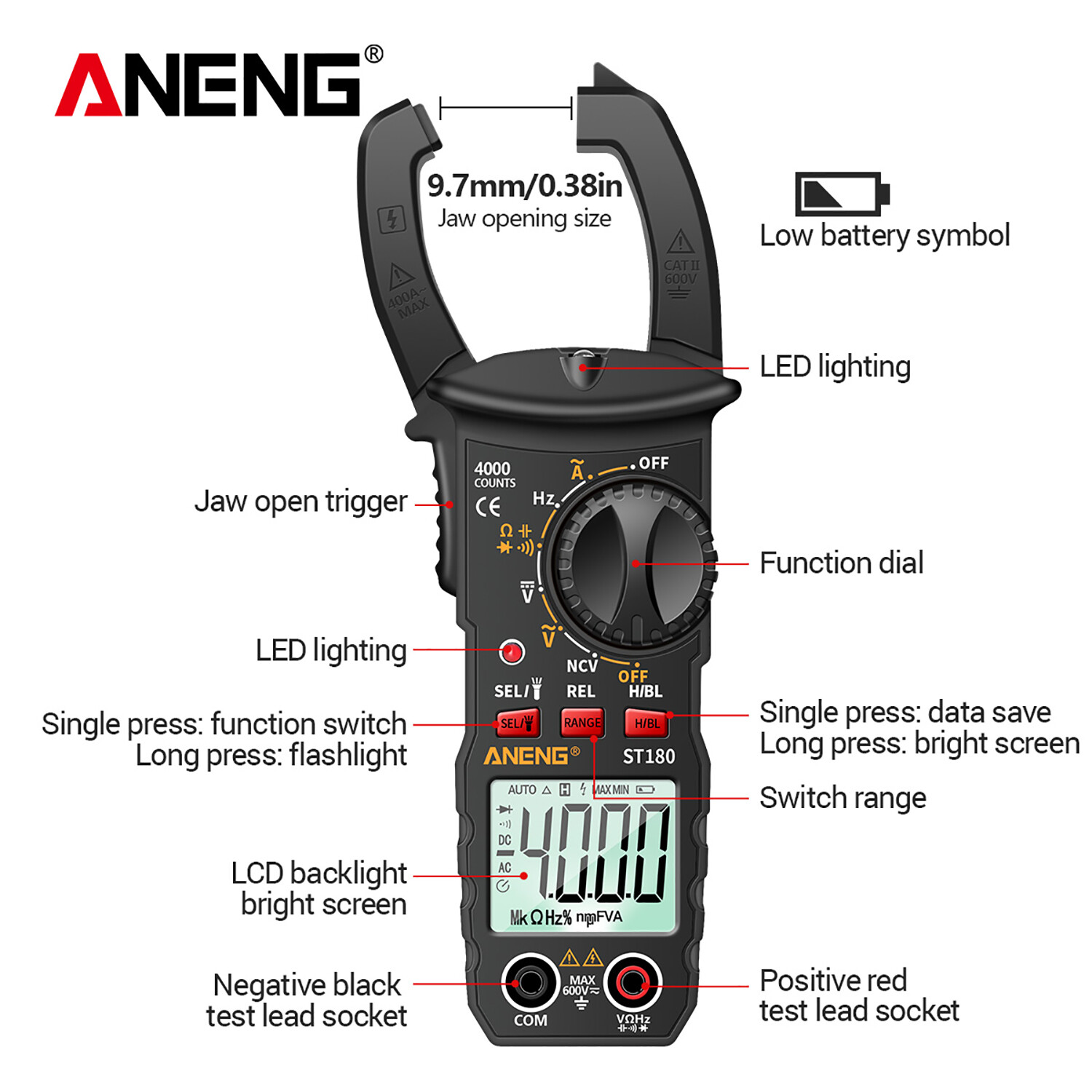 NANWEI ANENG ST180 4000 Counts Digital Clamp Meter Multimeter Voltmeter Ammeter AC DC Voltage Meter NCV Tester Universal Meter Tester Current Clamp Tester -30~1000°C Temperature Resistance Capacitance Frequency Diode Measurement