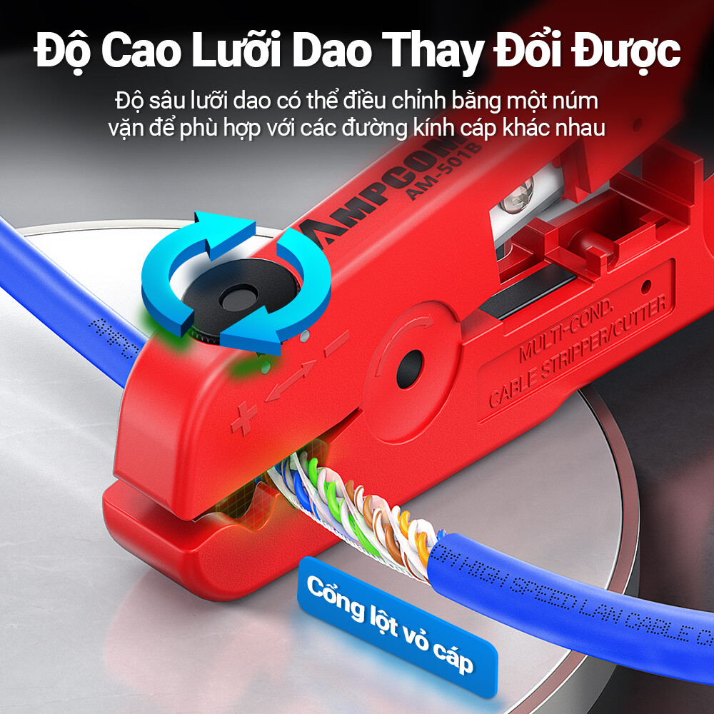AMPCOM Cable Wire Stripper Compression Tool Coaxial Cable Stripper, Round Cable , Cutter And Flat Cable Stripping Tool