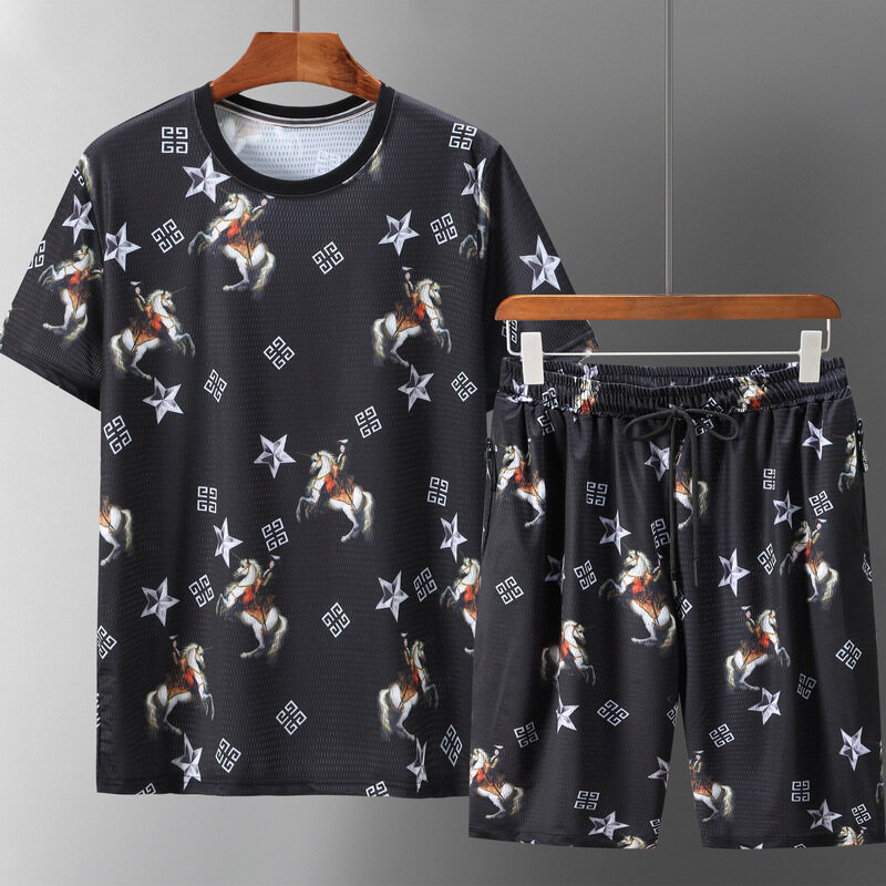 【4XL-10XL】170KG Can Wear Polyester Mesh Printing Big Plus Size Fat Oversize Mens Five-Point Print Pants +T-Shirt Suit Loose Casual Sports Shorts Summer