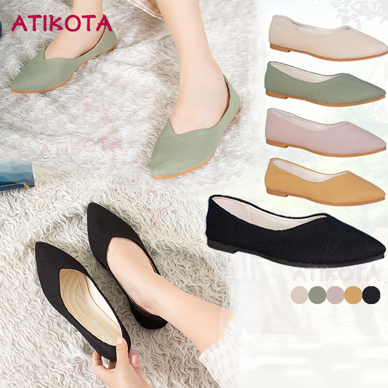 Atikota Fashion Women Flat Shoes Suede Leather Cloth Soft Ladies Flat Heel Working Shoe Pure Colors Casual Knitted Shoes ราคา 644 บาท*ส่งฟรี