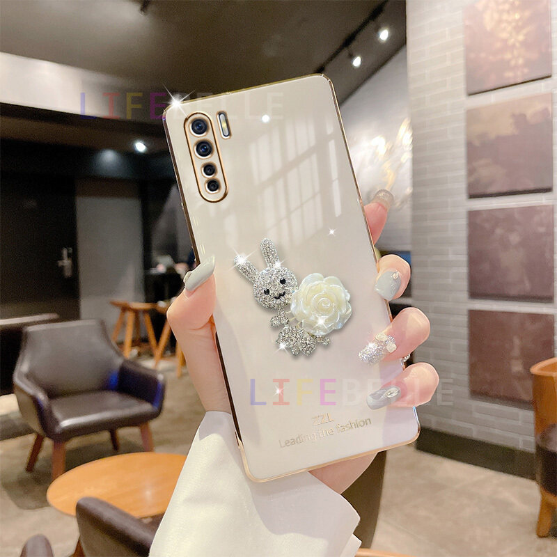 LIFEBELLE Ốp Cho OPPO A91 Reno3, Ốp Điện Thoại Mềm Mạ Hoa Đẹp Hình Thỏ Dễ Thương Thời Trang 3D Kim Cương Giả Cho Nữ Ốp Lưng Silicon Bảo Vệ Chống Sốc Cho Oppo Ốp Đôi