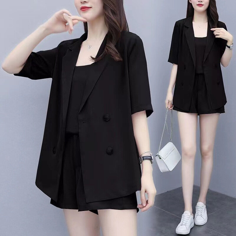 3pcs set plus size new loose casual women suit women's set wear suit small suit coat +sling vest + shorts