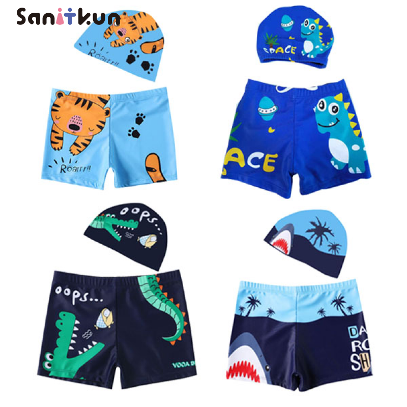 Sanitkun 2Pcs 2021ฤดูร้อนชายชุดว่ายน้ำฉลามการ์ตูนชุดว่ายน้ำเด็กกางเกงว่ายน้ำเด็กกางเกงว่ายน้ำขาสั้น + หมวก