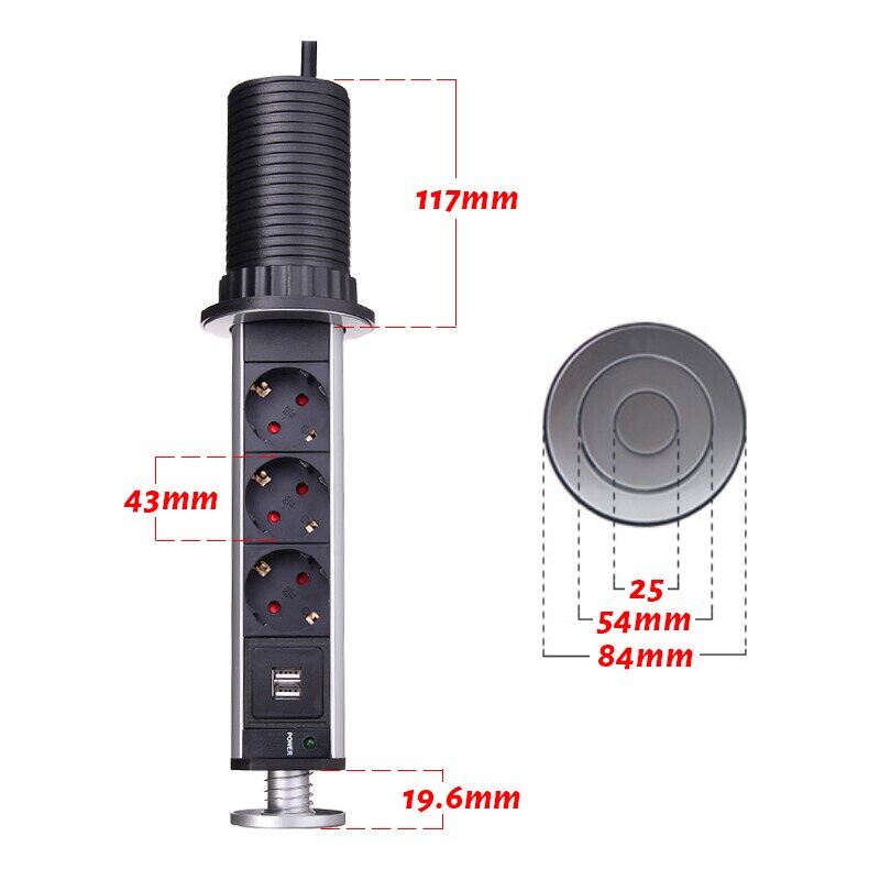 Desktop Hidden Installation Power Socket EU Plug 3/4/5/6 Power Pop Up Socket Kitchen Table Desktop Retractable Electrical Socket With 1 Led+2 Charge USB Aluminum Shelf