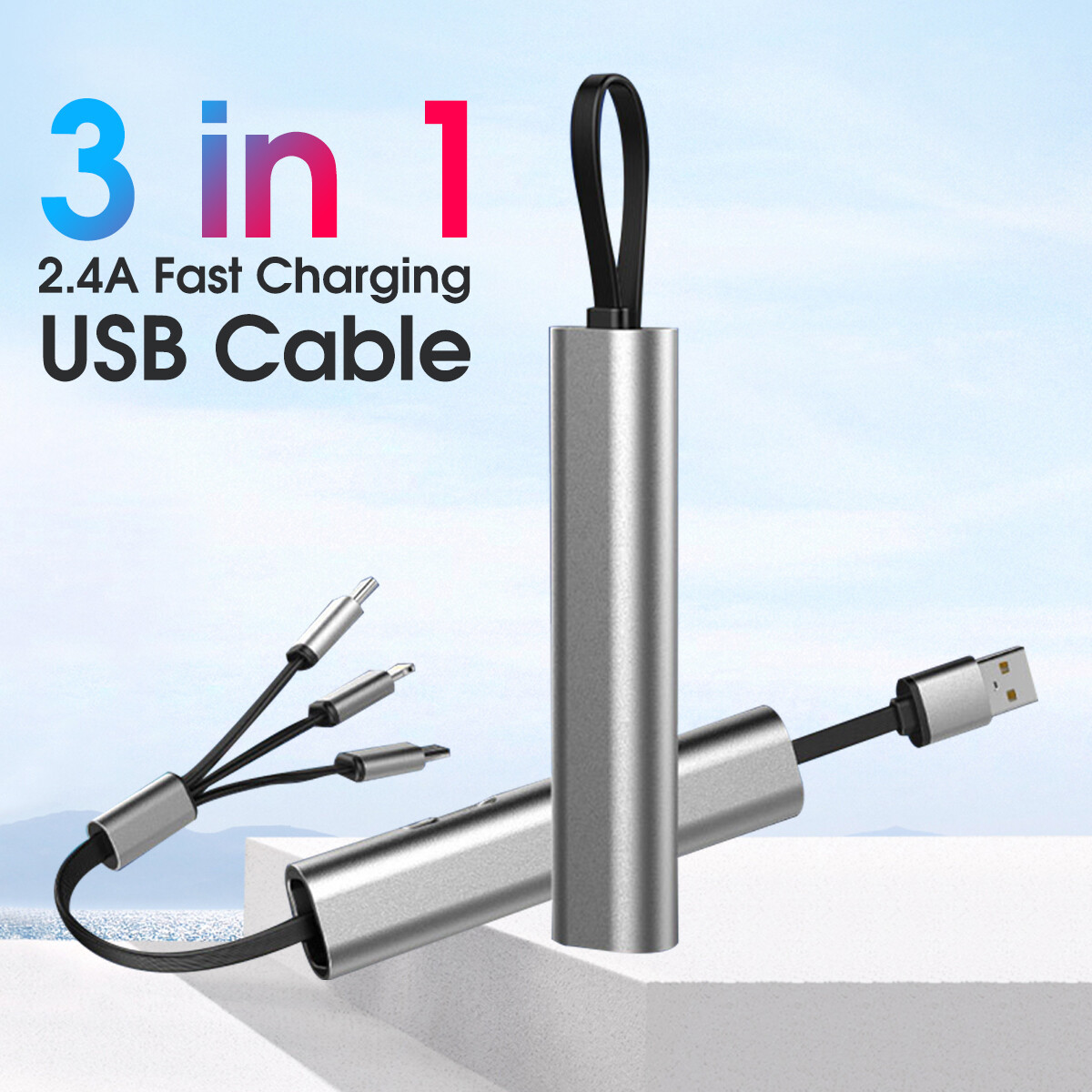 Fonken 3 In 1 USB Charging Cable USB To Micro USB/Type-C/Light-ning Cable Retractable Charger Cable 2.4A Fast Charge Cable