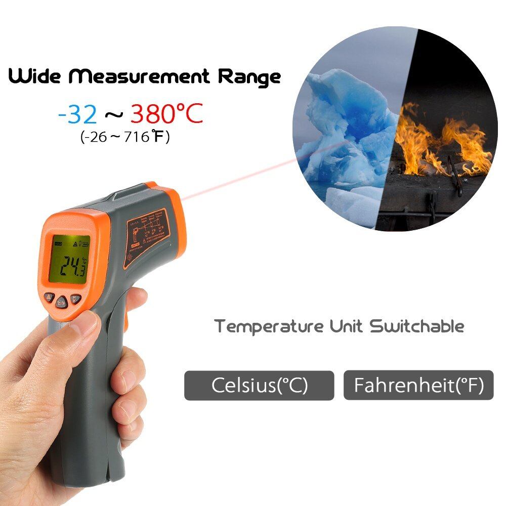 SMART SENSOR -32~380°C 12:1 Portable Handheld Digital Non-contact IR Infrared Thermometer Temperature Tester Pyrometer LCD Display with Backlight Centigrade Fahrenheit