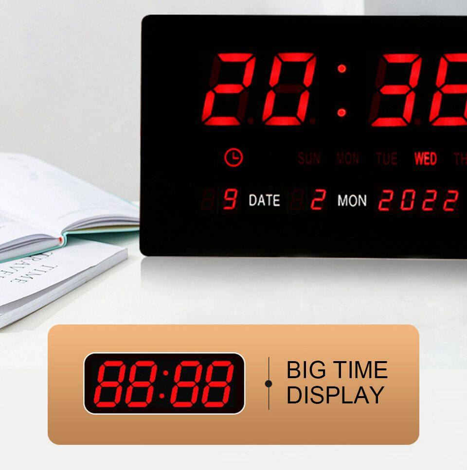 Large Digital Wall Clock Luminous Alarm Clock Hourly Timekeeping Display Temperature Date Calendar Desk Clock Wall Mounted LED Clock Decorative Clock