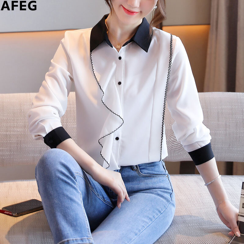 AFEG new Korean shirt collar ruffled fashion loose, versatile and elegant chiffon long-sleeved blouse