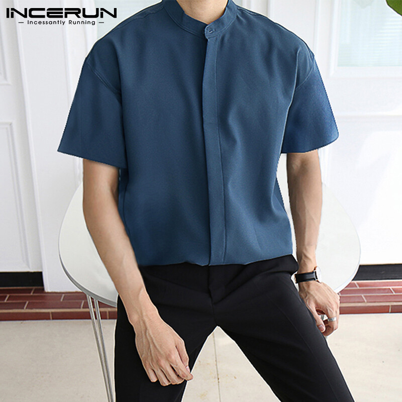 (Korea Style) INCERUN Men's Short Sleeve Collarless Grandad Shirts Casual Fit Formal Blouse Tops