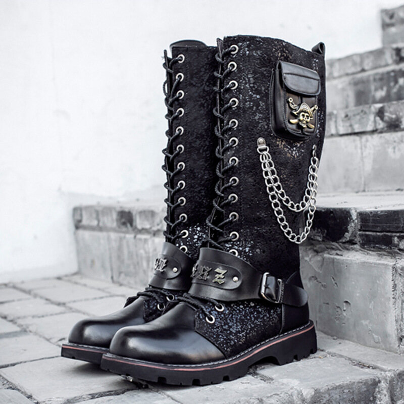 QBELY South Korean foreign trade tall riding boots men male frosted motorcycle long rock punk leather fashion big Head Martin boots Size 38-45