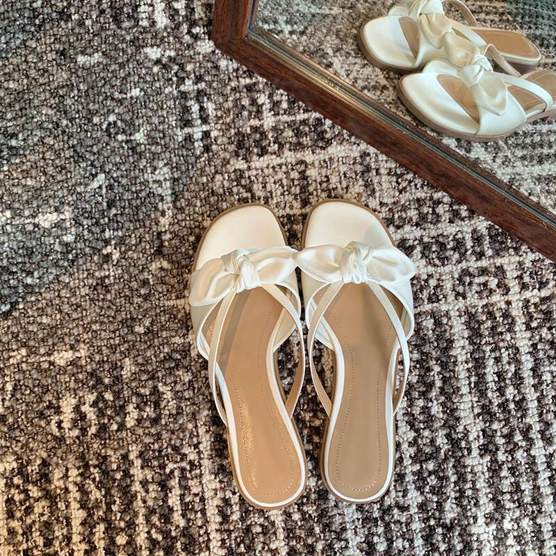 AOKANG Flat sandals new gentle fairy style bow silk square toe fashion sandals
