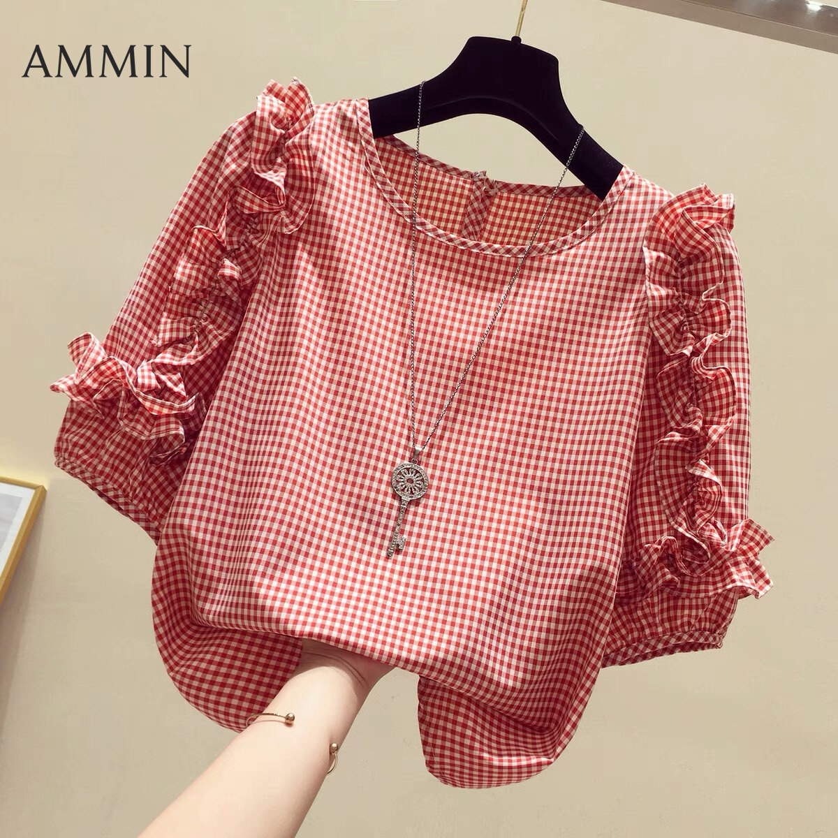 AMMIN Tops  summer new style simple round neck plaid pleated wood ear stitching short-sleeved chiffon shirt women's short-sleeved ruffled stitching plaid sweet temperament blouse